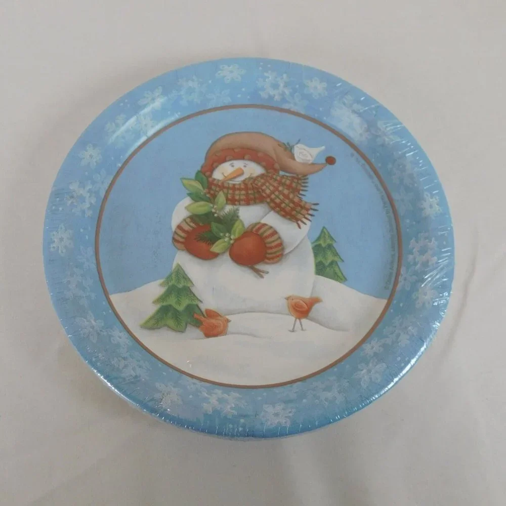 Set of 4 Snack Plates Luncheon Napkins Blue Snowman Winter Christmas Target New